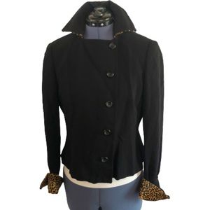 Vintage Black Blazer Leopard Animal Print Cuffs Convertible Double Breasted EUC